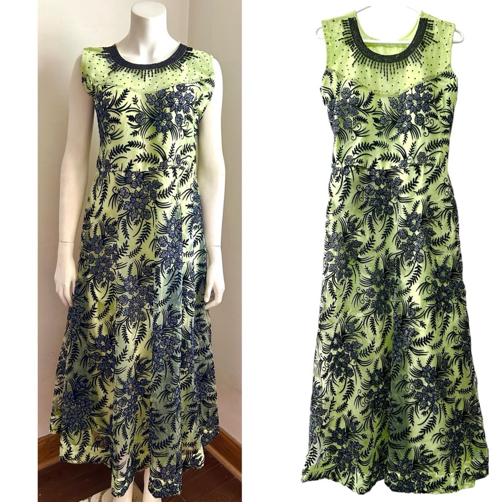 Vintage 60s Chiffon Crinoline Lined Beaded Floral Overlay Maxi Dress Mint Green